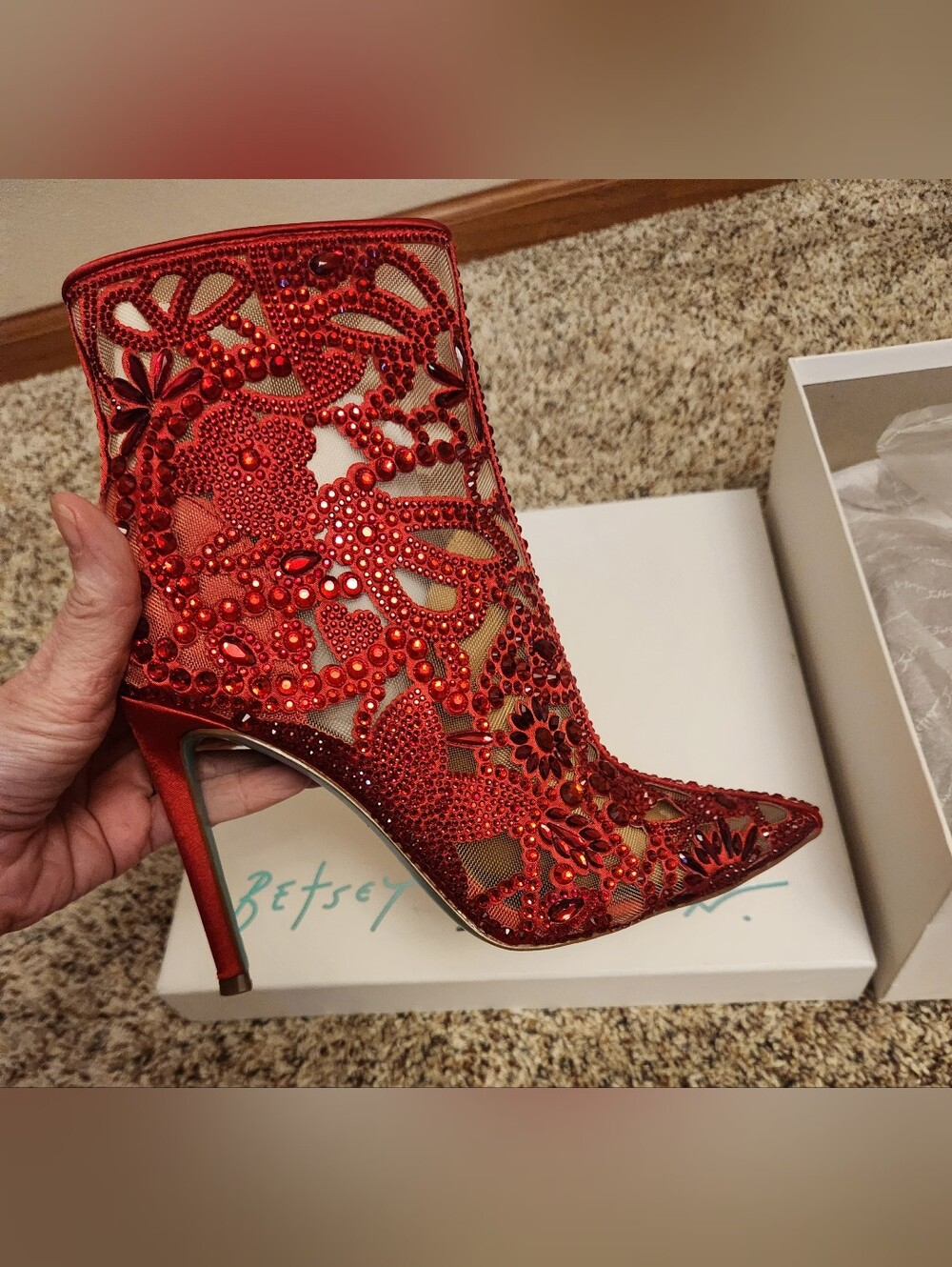 Betsey Johnson Red Embellished Floral Mesh Stiletto Bootie New In Box Size 6.5